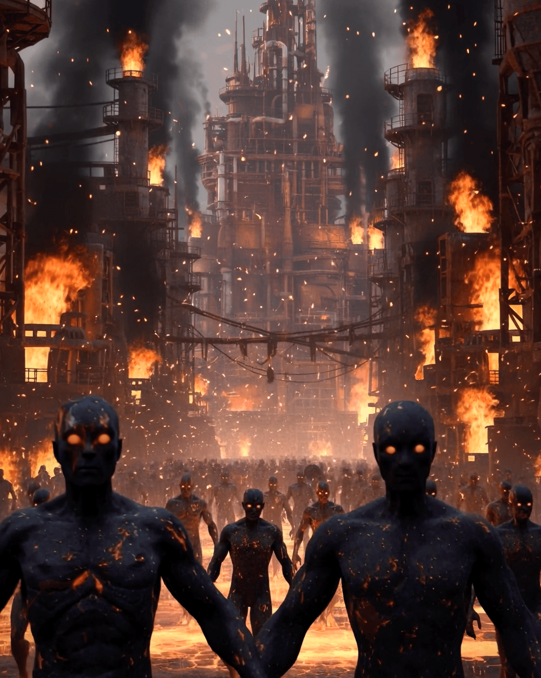 Ash-stained procession emerging from the flame fields.