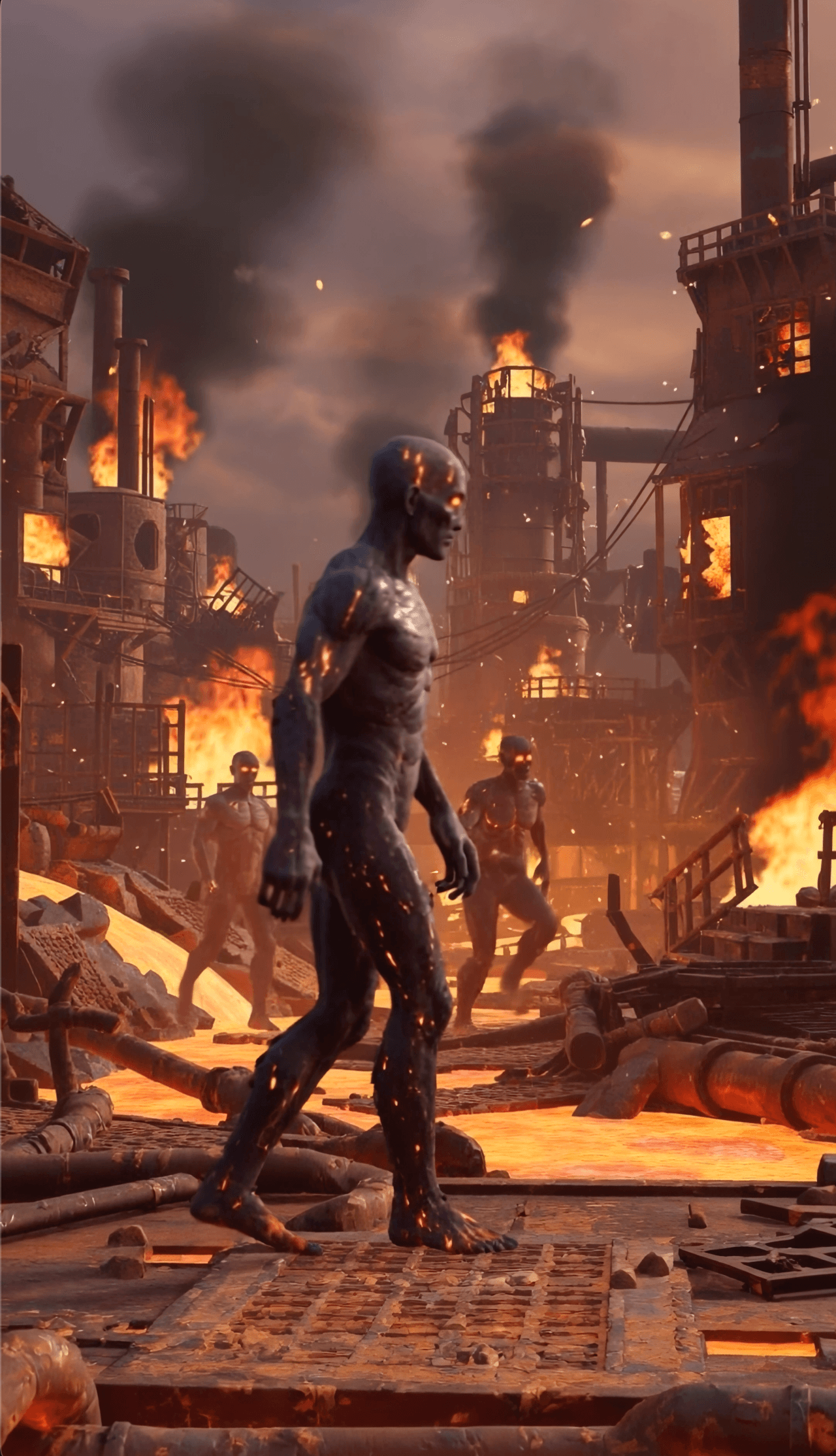 Molten wanderers pacing the slag thoroughfare.